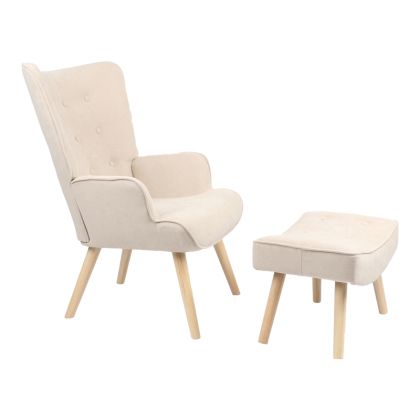 Кресло с табуретка за крака Vivienne дамаска плюш цвят крем с дървени крака 75x69x96cм