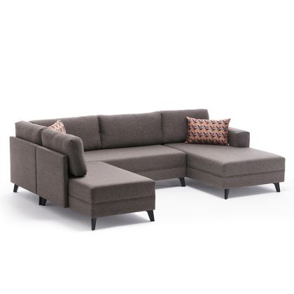 Многофункционален разтегателен ъглов диван текстилна дамаска светло кафяв цвят 300x202x78cm с предварителна поръчка