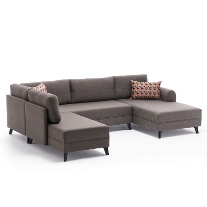 Многофункционален разтегателен ъглов диван текстилна дамаска светло кафяв цвят 300x202x78cm с предварителна поръчка