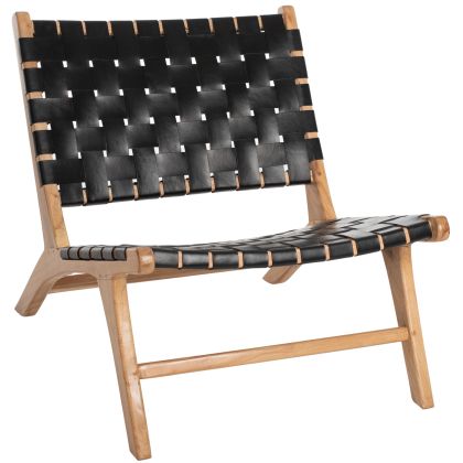 Модерен стол за градина или дневна масивно тиково дърво и премиум черна изкуствен акожа PU 65х78х68см HM9384.02