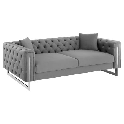 Триместен диван CHESTERFIELD MOBAR HM3263.01 сив плюшен с метална рамка 212x87x68H cm.