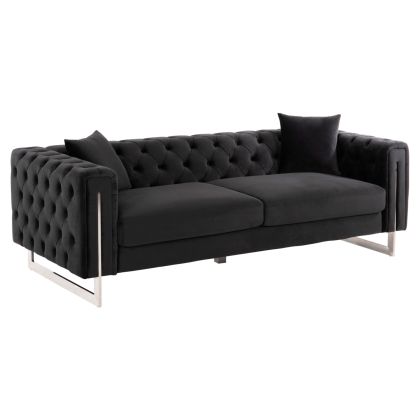 Триместен диван CHESTERFIELD MOBAR HM3263.04 черен плюшен с метална рамка 212x87x68H cm.