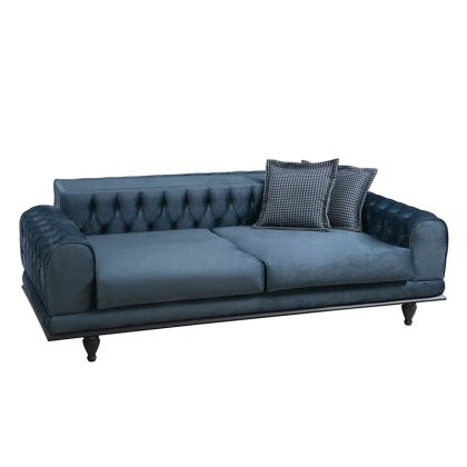 Триместен разтегателен диван с плюшена дамаска цвят син/черен 220x90x80cm с предварителна поръчка