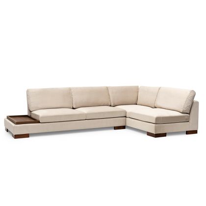 Ъглов диван с пуф текстилна дамаска цвят бежов/орех 313x193x80cm с предварителна поръчка
