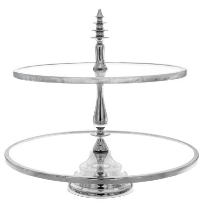 DECO TWO LAYERS ROUND GLASS CAKE STAND IN SILVER BASE D40 35X38CM