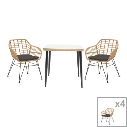 Dining table Naoki I set of 5 natural rattan-black metal-glass 80x80x78cm