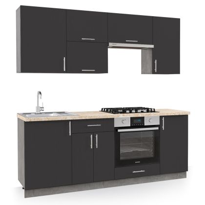 Кухненски комбо о антрацитово и бежово с мраморен вид плот 200x47x84,8см, HM2470.01