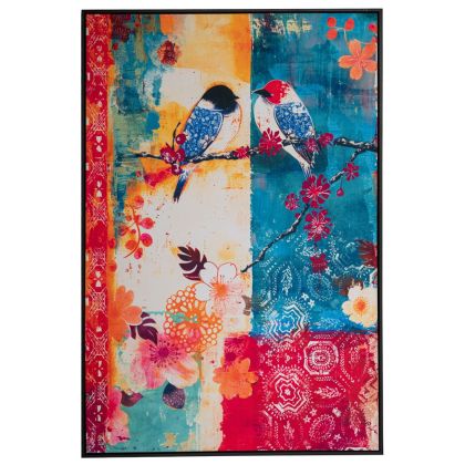 КАРТИНА С ЦВЕТНИ ПТИЦИ 83X123CM С ЧЕРНА РАМКА ВЪРХУ ЩАМПОВАНО КАДИФЕНО ПЛАТНО