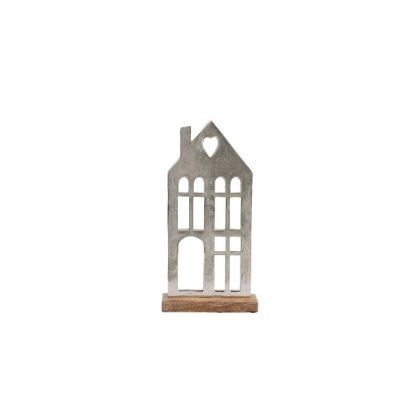 АЛУМИНИЕВА ДЕКОРАТИВНА КЪЩИЧКА С ДЪРВЕНА ОСНОВА СРЕБРИСТ ЦВЯТ 18x5x35cm