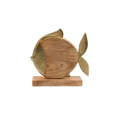 АЛУМИНИЕВА ДЕКОРАТИВНА РИБА 845 С ДЪРВЕНА ОСНОВА ЗЛАТЕН ЦВЯТ 20x5x19cm