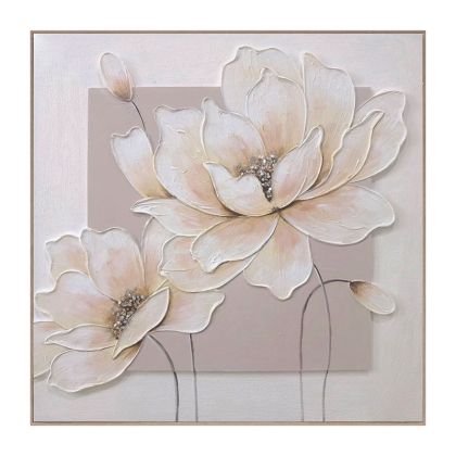 КАРТИНА НА ПЛАТНО 2 ЦВЕТЯ И ПЪПКИ БЯЛО/КАФЯВО В РАМКА - 3D ЕЛЕМЕНТИ - 80x80cm 6/KIB