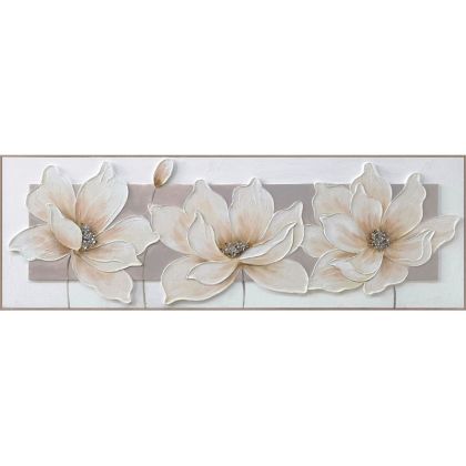 КАРТИНА НА ПЛАТНО 3 ЦВЕТЯ И ПРИЯТЕЛИ БЯЛО/КАФЯВО В РАМКА - 3D ЕЛЕМЕНТИ - 150x50cm 6/KIB