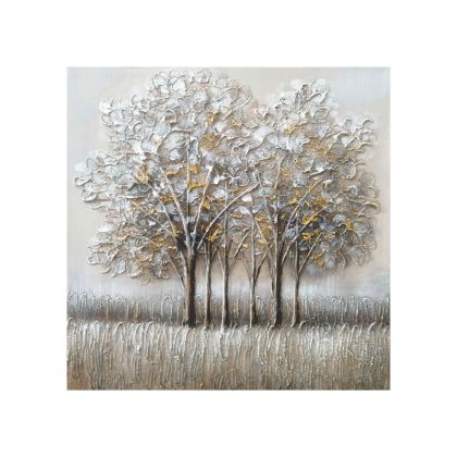 КАРТИНА НА ПЛАТНО 6 ДЪРВЕТА СИВО/ЗЛАТНО В ПОЛЕТО - 3D ЕЛЕМЕНТИ - 60x60cm 10/KIB