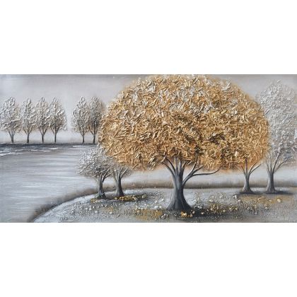 КАРТИНА НА ПЛАТНО ЗЛАТНО ДЪРВО НА РЕКАТА - 120x60см 6/КУТ.