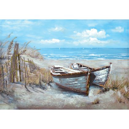КАРТИНА НА ПЛАТНО ОГРАДА С ЛОДКИ НА БРЯГА - 3D ЕЛЕМЕНТИ - 100x70cm 6/KIB