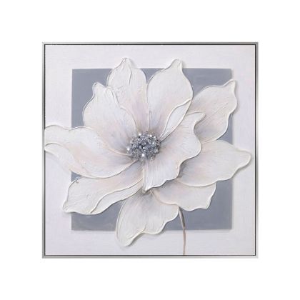 КАРТИНА С ЦВЕТЯ НА ПЛАТНО БЯЛО/СИВО В РАМКА - 3D ЕЛЕМЕНТИ - 60x60cm 10/KIB