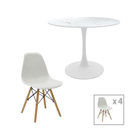Julita-Balou I Комплект с трапезна маса от 5 pp-mdf в цвят бял мрамор D120x75cm