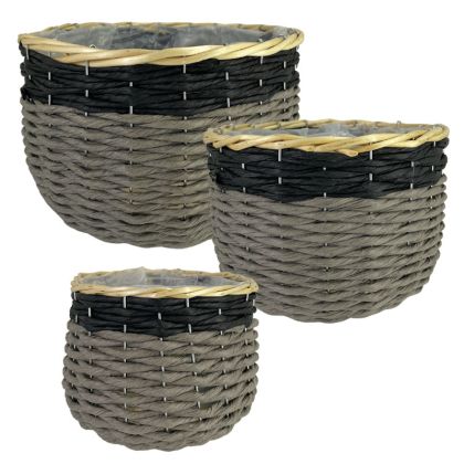 КОМПЛЕКТ ПЛЕТЕНИ КОШНИЦИ/3 КРЪГЛИ СИВИ/ЧЕРНИ - L:Φ26.5X18, M:Φ21X16, S:Φ16X13CM 10/KIB