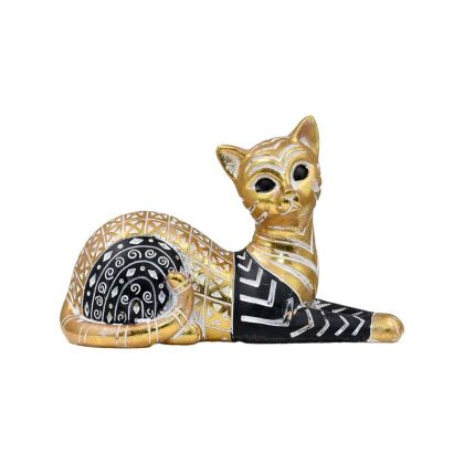 НАСТОЛНА ДЕКОРАТИВНА ФИГУРА КОТКА ЧЕРНО-ЗЛАТИСТО-БЯЛ ЦВЯТ 21x10x15cm
