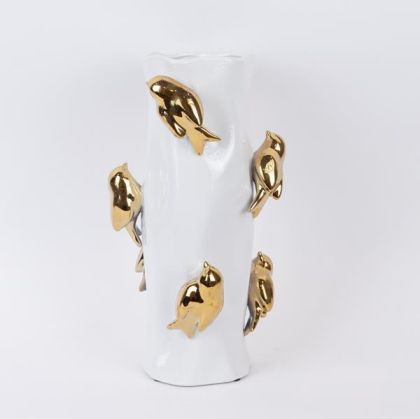 ВАЗА, КЕРАМИКА, БЯЛО И ЗЛАТНО, 19,5x19,5x38,5 см