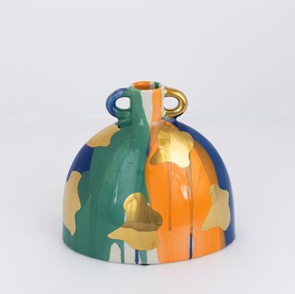 ВАЗА, КЕРАМИКА, ТЕРАКОТА- ТЪМНО ЗЕЛЕНО-ЗЛАТНО, 21.5x14x20.7cm