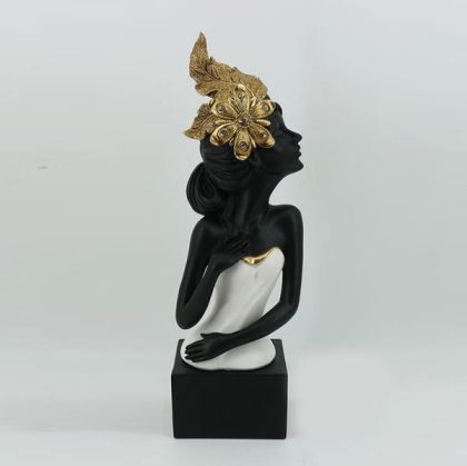 СКУЛПТУРА ЖЕНА С ЦВЕТЕ, ЧЕРНО-БЯЛО-ЗЛАТНО, 11.5x8.5x35cm