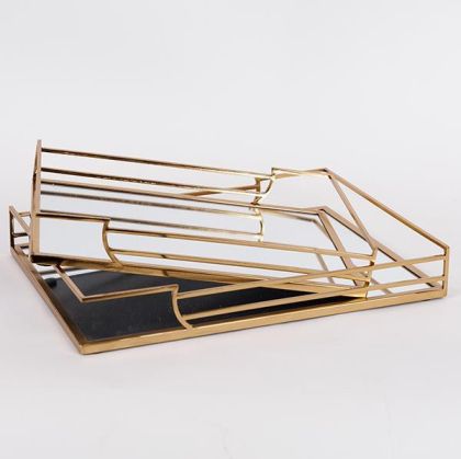 S/2 ПОДНОС, МЕТАЛЕН, С ОГЛЕДАЛО, ЗЛАТНА L:D35x25x5, S:D30.5x20.5x5cm
