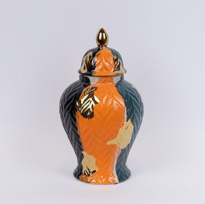 ВАЗА С КАПАК, КЕРАМИКА, ТЕРАКОТА-ТЪМНО ЗЕЛЕНО- СИНЬО-ЗЛАТНО, 20.5x20.5x36cm