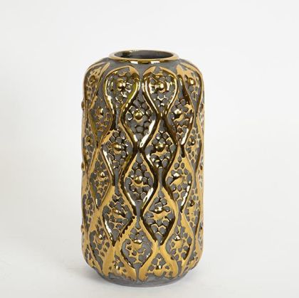 ВАЗА, КЕРАМИКА, СИВО И ЗЛАТНО, 14,5x14,5x26 см
