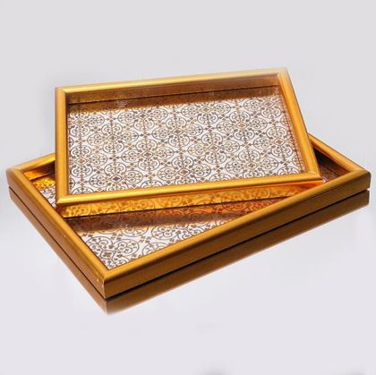 ПОДНОС, PS, С ОГЛЕДАЛО, ЗЛАТО, КОМПЛЕКТ 2БР, L:40x30x2.8, S:35x28x2.8cm