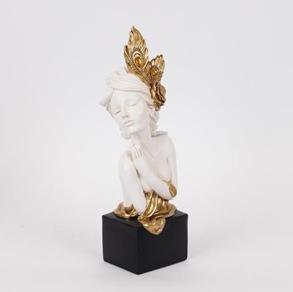 ДЕКОРАЦИЯ ЗА МАСА, СКУЛПТУРА, ЖЕНА С ЦВЕТЯ, БЯЛО И ЗЛАТНО, 12x11x33.5 см