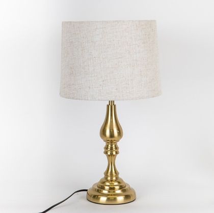 НАСТОЛНА ЛАМПА С БЕЖОВ АБАЖУР ОТ ЛЕН В ЦВЕТЕН МЕТАЛ ЗЛАТНО 28X49CM