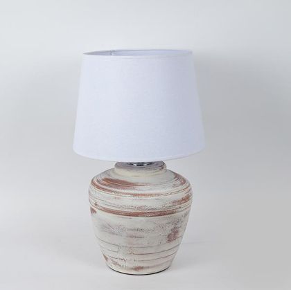 НАСТОЛНА ЛАМПА С БЯЛ АБАЖУР ОТ ЛЕН В ЦВЕТЕН КЕРАМИЧЕН БЕЖОВ - БЯЛА 25X25X38CM