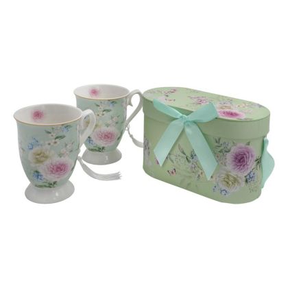 КОМПЛЕКТ ОТ 2 КЕРАМИЧНИ ЧАШИ В КУТИЯ FL3818 ФЛОРАЛНО ЗЕЛЕНО 12X11СМ