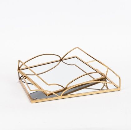 ПОДНОС S/2, МЕТАЛЕН, С ОГЛЕДАЛО, ЗЛАТИСТ Д:Ш35X25X5, Ш:Ш30,5X20,5X5СМ