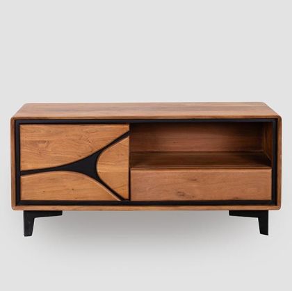 ТВ КОНЗОЛА ОТ АКАЦИЕВО ДЪРВО, СВЕТЛО КАФЯВО-ЧЕРНО, 120X38X55СМ