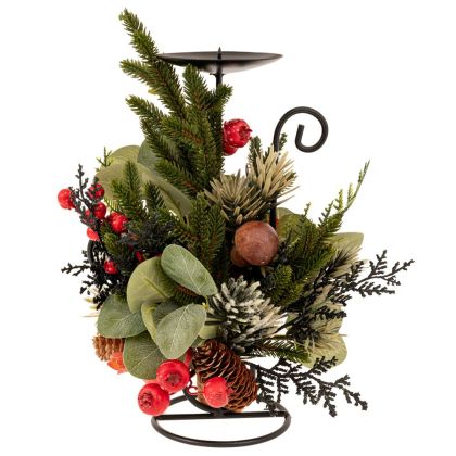 ЗЕЛЕН СВЕЩНИК С НАРОВЕ, ГЪБИ И БОРОВИ ШИШАРКИ 33 СМ