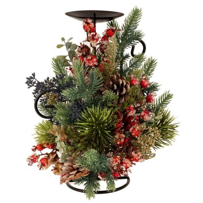 ЗЕЛЕН СВЕЩНИК С ЧЕРВЕНИ ПЛОДОВЕ И БОРОВИ ШИШАРКИ 33 СМ