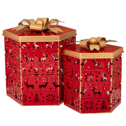 КОЛЕДЕН КОМПЛЕКТ 2 ЧЕРВЕНА МЕТАЛНА КУТИЯ 24.5X21X26СМ 19X17X21СМ