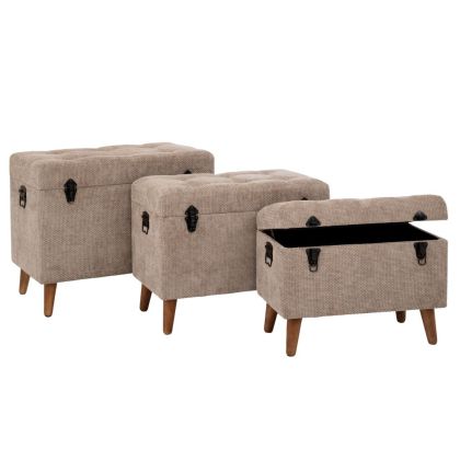 КОМПЛЕКТ 3 ТАБУРЕТКИ НА ДЪРВЕНИ КРАКА И МЯСТО ЗА СЪХРАНЕНИЕ D70X41X56CM 63X35X45CM 55X30X40CM