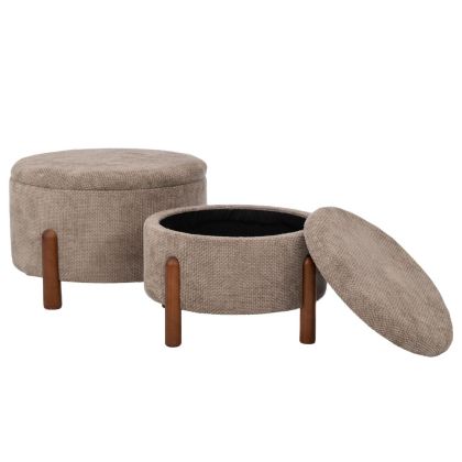 КОМПЛЕКТ ОТ 2 КРЪГЛИ ТАБУРЕТКИ С ДЪРВЕНИ КРАКА И МЯСТО ЗА СЪХРАНЕНИЕ Р56X35СМ Д45X30СМ