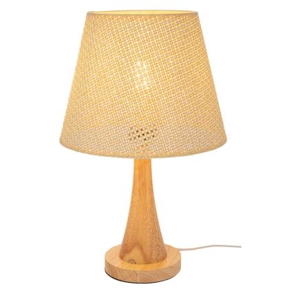 НАТУРАЛНА ДЪРВЕНА ЛАМПА С КРЕМОВА ШАПКА 38 СМ