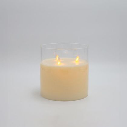 LED СВЕЩ НА БАТЕРИЯ С 3 ТРЕПТЯЩИ ПЛАМЪКА, СЪС СТЪКЛО, ЦВЯТ СЛОНОВА КОСТ, С ТАЙМЕР, 15X15 СМ