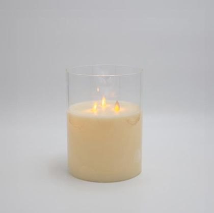 LED ФОНАР ЗА СВЕЩ НА БАТЕРИЯ С 3 ТРЕПТЯЩИ ПЛАМЪКА, СЪС СТЪКЛО, ЦВЯТ СЛОНОВА КОСТ, С ТАЙМЕР, 15X20СМ