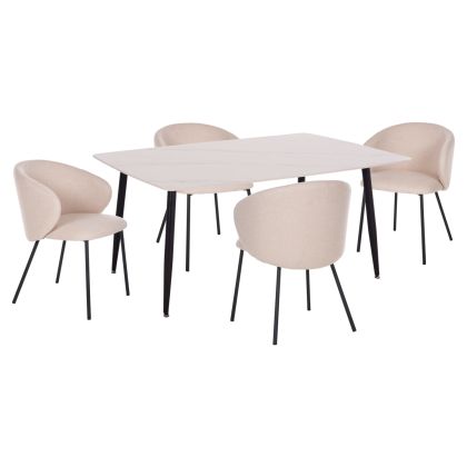 КОМПЛЕКТ МАСА И СТОЛОВЕ 5 ЧАСТИ RAVEN HM21069.01 КЕРАМИЧЕН ПЛОТ ОТ БЯЛ МРАМОР И 4 СТОЛА