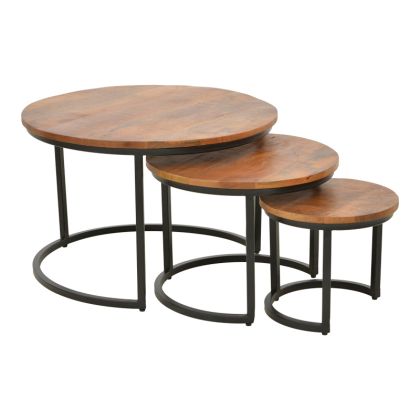 КОМПЛЕКТ ХОЛНИ МАСИ FRINA ОТ 3 БРОЯ, МАНГОВО ДЪРВО В ЦВЯТ ОРЕХ С ЧЕРЕН МЕТАЛЕН КРАК