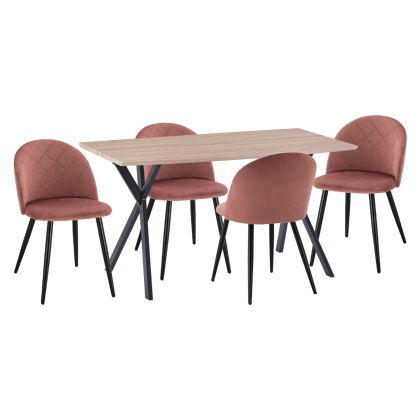 КОМПЛЕКТ ЗА ТРАПЕЗАРИЯ 5 ЧАСТИ ALARICK HM21277 MDF ПЛОТ - КАДИФЕ В ПЕПЕЛ ОТ РОЗИ И МЕТАЛ В ЧЕРНО