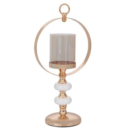 ЗЛАТИСТ МЕТАЛЕН СВЕЩНИК С ВЕНЕЦ И СТЪКЛО D12 18X39СМ