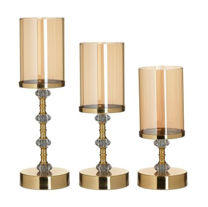 СВЕЩНИЦИ 3БР С МЕТАЛНА ОСНОВА И СТЪКЛЕНА ЧАСТ ЦВЯТ АМБЪР