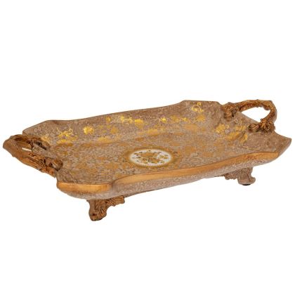 ДЕКОРАТИВНА ПОЛИРЕЗИНОВА ЧИНИЯ С ЦВЕТЯ И ЗЛАТНИ ДРЪЖКИ 38X24X9 СМ